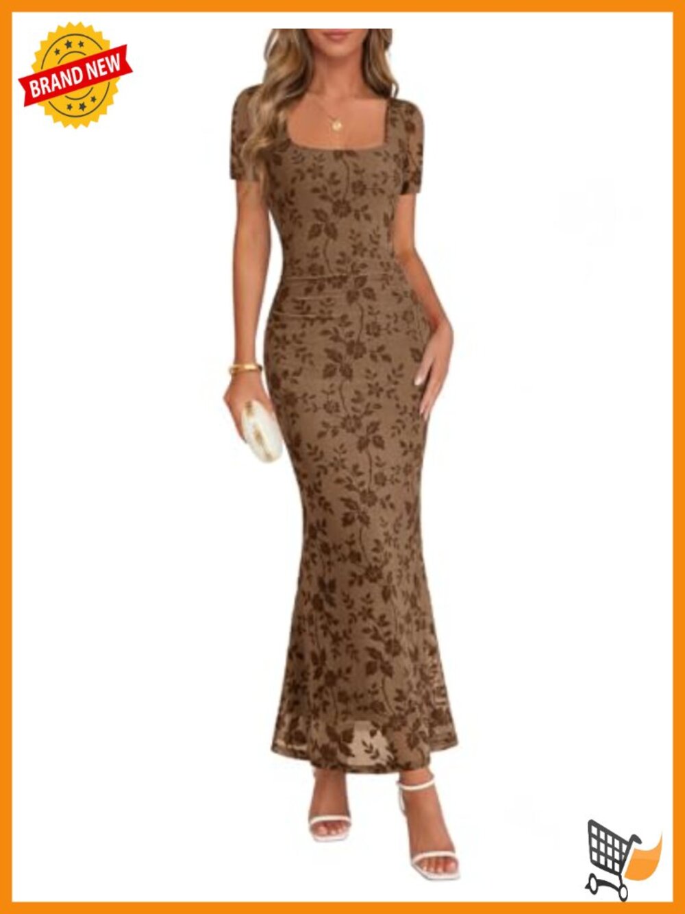 Women's Floral Maxi Dress Square Neck Short Sleeve High Waist Bodycon